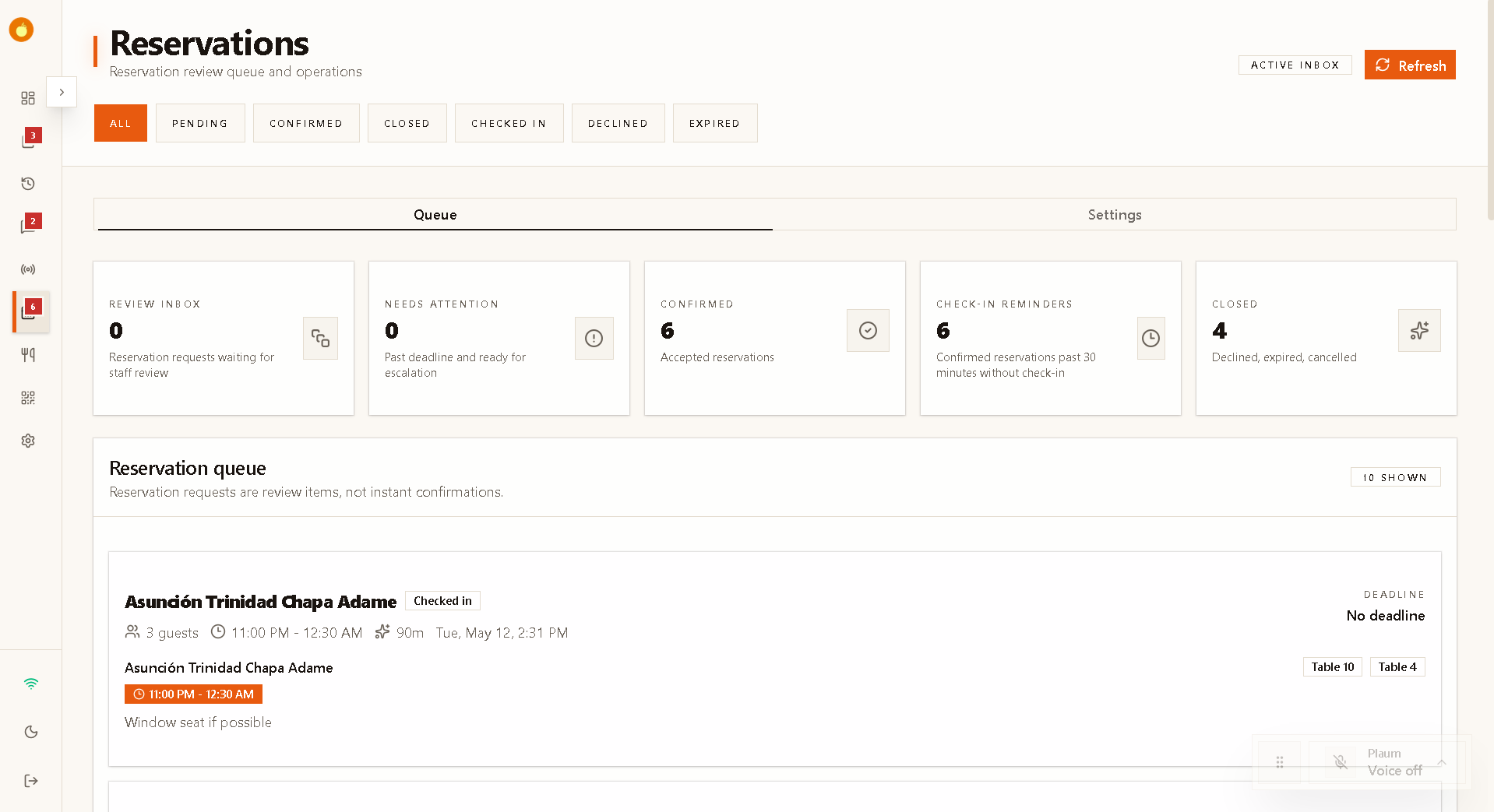Reservations inbox queue with pending and confirmed status cards